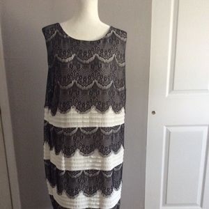 White cocktail party dress with black lace overlay